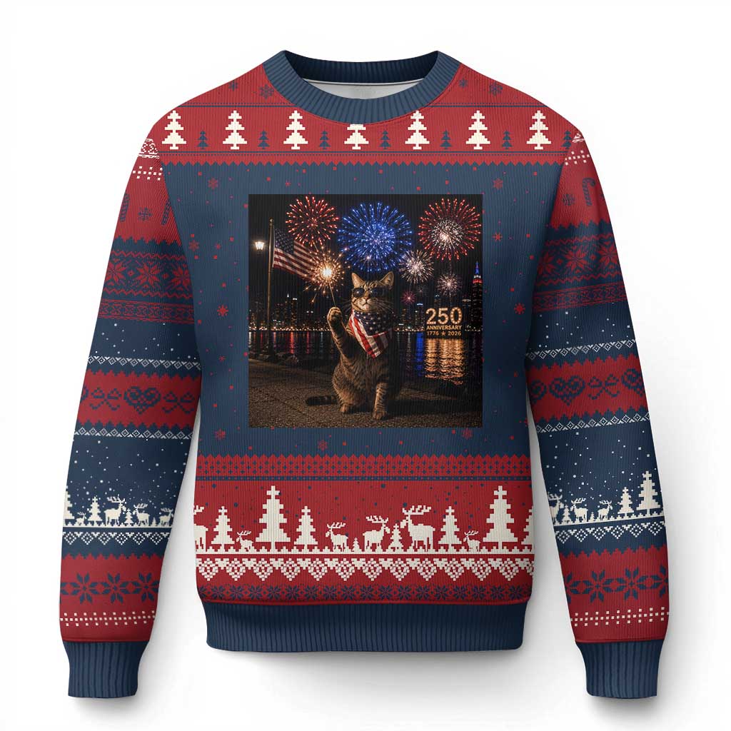 USA 250th Anniversary Cat Ugly Christmas Sweater Funny 4th Of July Independence Day 250 Years 1776 2026 Patriotic Celebration Meme TS10 Navy Red Print Your Wear