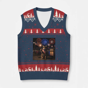 USA 250th Anniversary Cat V-Neck Knit Sweater Vest Funny 4th Of July Independence Day 250 Years 1776 2026 Patriotic Celebration Meme