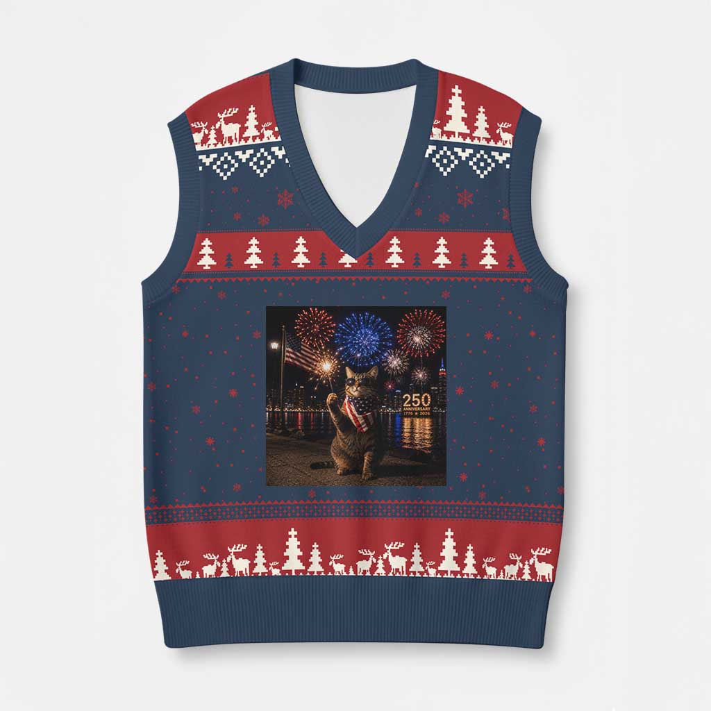 USA 250th Anniversary Cat V-Neck Knit Sweater Vest Funny 4th Of July Independence Day 250 Years 1776 2026 Patriotic Celebration Meme TS10 Navy Red Print Your Wear