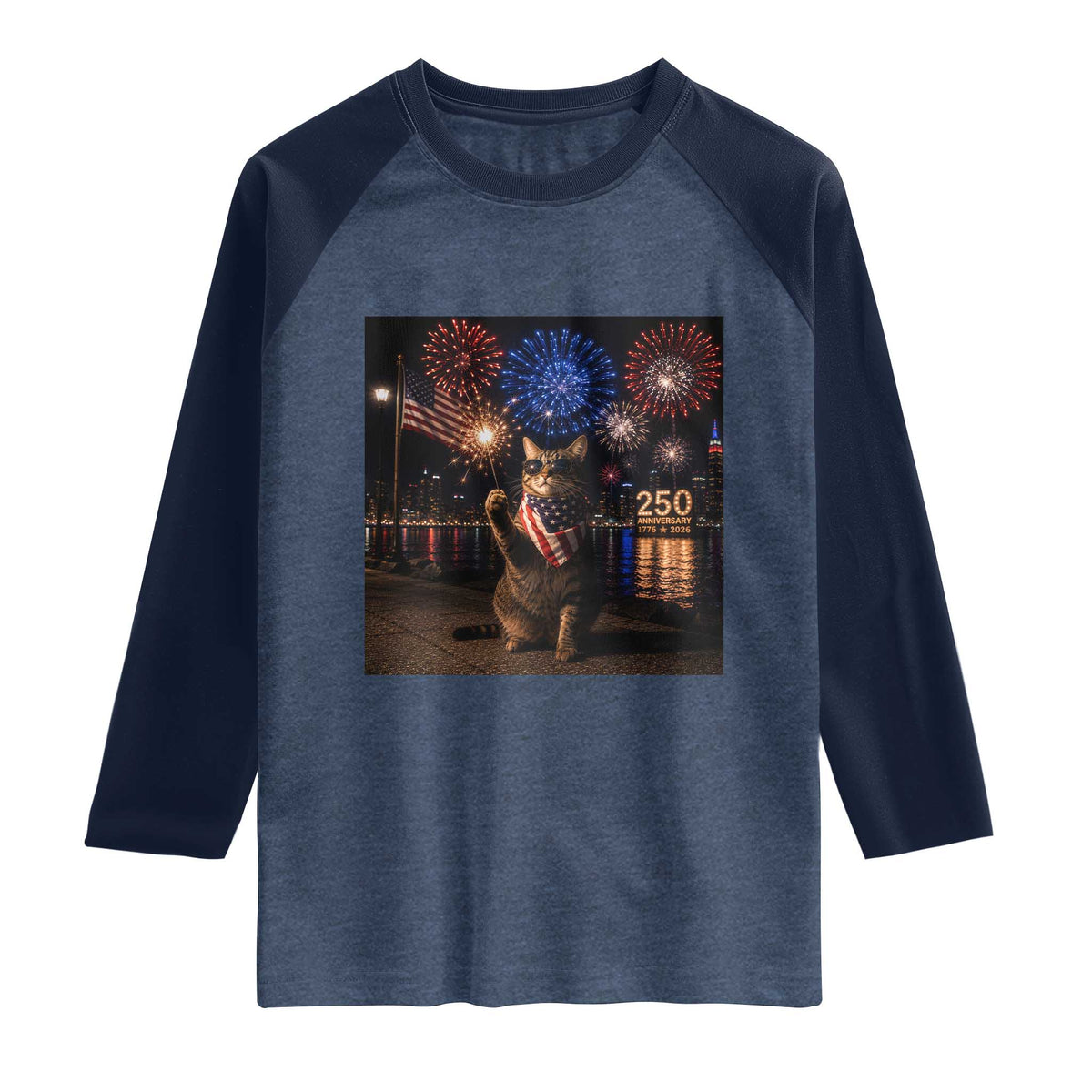 USA 250th Anniversary Cat Raglan Shirt Funny 4th Of July Independence Day 250 Years 1776 2026 Patriotic Celebration Meme TS10 Heather Denim Navy Print Your Wear