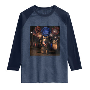USA 250th Anniversary Cat Raglan Shirt Funny 4th Of July Independence Day 250 Years 1776 2026 Patriotic Celebration Meme TS10 Heather Denim Navy Print Your Wear
