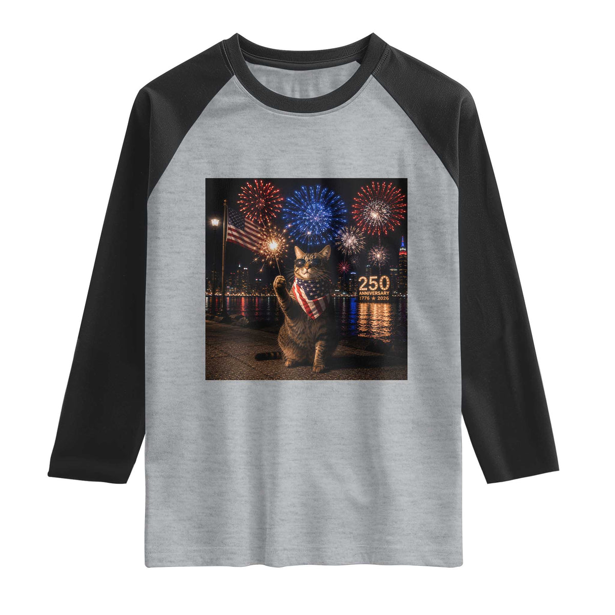 USA 250th Anniversary Cat Raglan Shirt Funny 4th Of July Independence Day 250 Years 1776 2026 Patriotic Celebration Meme TS10 Heather Gray Black Print Your Wear