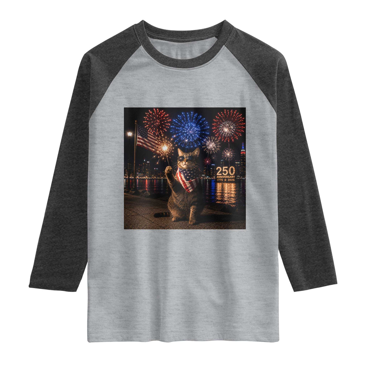 USA 250th Anniversary Cat Raglan Shirt Funny 4th Of July Independence Day 250 Years 1776 2026 Patriotic Celebration Meme TS10 Heather Gray Heather Charcoal Print Your Wear