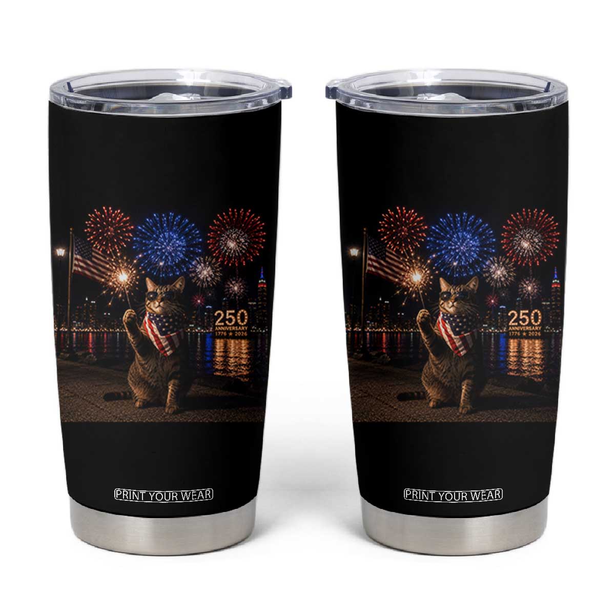 USA 250th Anniversary Cat Tumbler Cup Funny 4th Of July Independence Day 250 Years 1776 2026 Patriotic Celebration Meme TS10 Black Print Your Wear