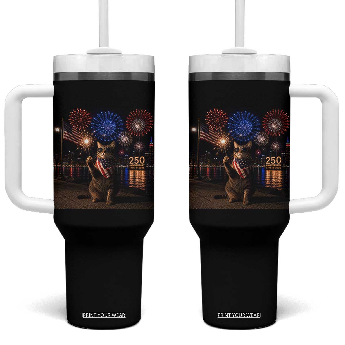 USA 250th Anniversary Cat Tumbler With Handle Funny 4th Of July Independence Day 250 Years 1776 2026 Patriotic Celebration Meme TS10 One Size: 40 oz Black Print Your Wear