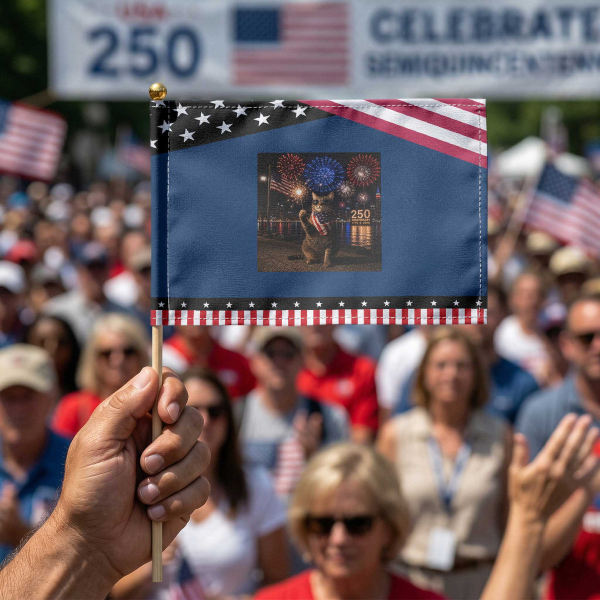 USA 250th Anniversary Cat Patriotic Handheld Flag Funny 4th Of July Independence Day 250 Years 1776 2026 Celebration Meme