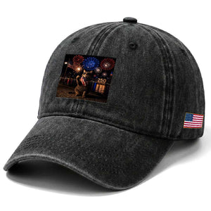 USA 250th Anniversary Cat Washed Cotton Baseball Cap Funny 4th Of July Independence Day 250 Years 1776 2026 Patriotic Celebration Meme