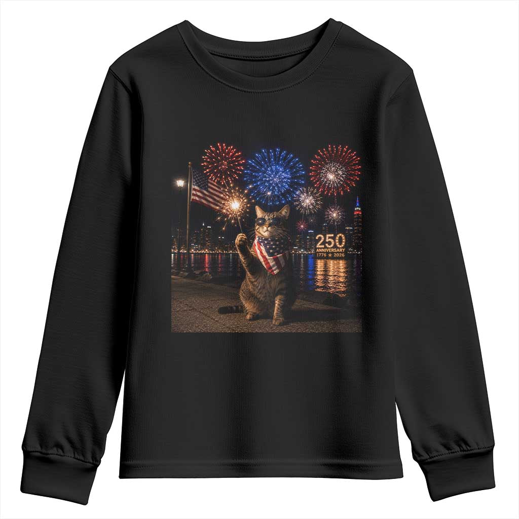 USA 250th Anniversary Cat Youth Sweatshirt Funny 4th Of July Independence Day 250 Years 1776 2026 Patriotic Celebration Meme TS10 Black Print Your Wear