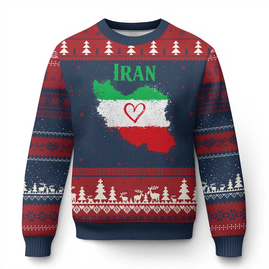 Iran Heart Map Flag Ugly Christmas Sweater Retro Vintage Watercolors Freedom Iranian Persian TS10 Navy Red Print Your Wear
