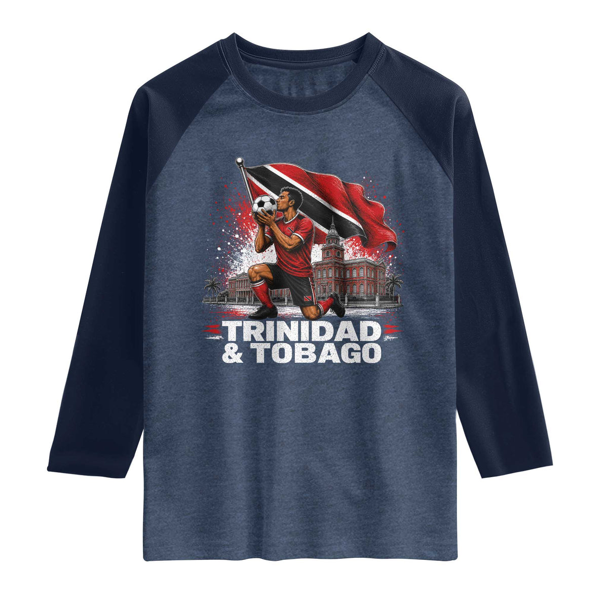 Trinidad and Tobago Soccer Raglan Shirt Patriotic Football Fan Caribbean Pride Gift TS10 Heather Denim Navy Print Your Wear