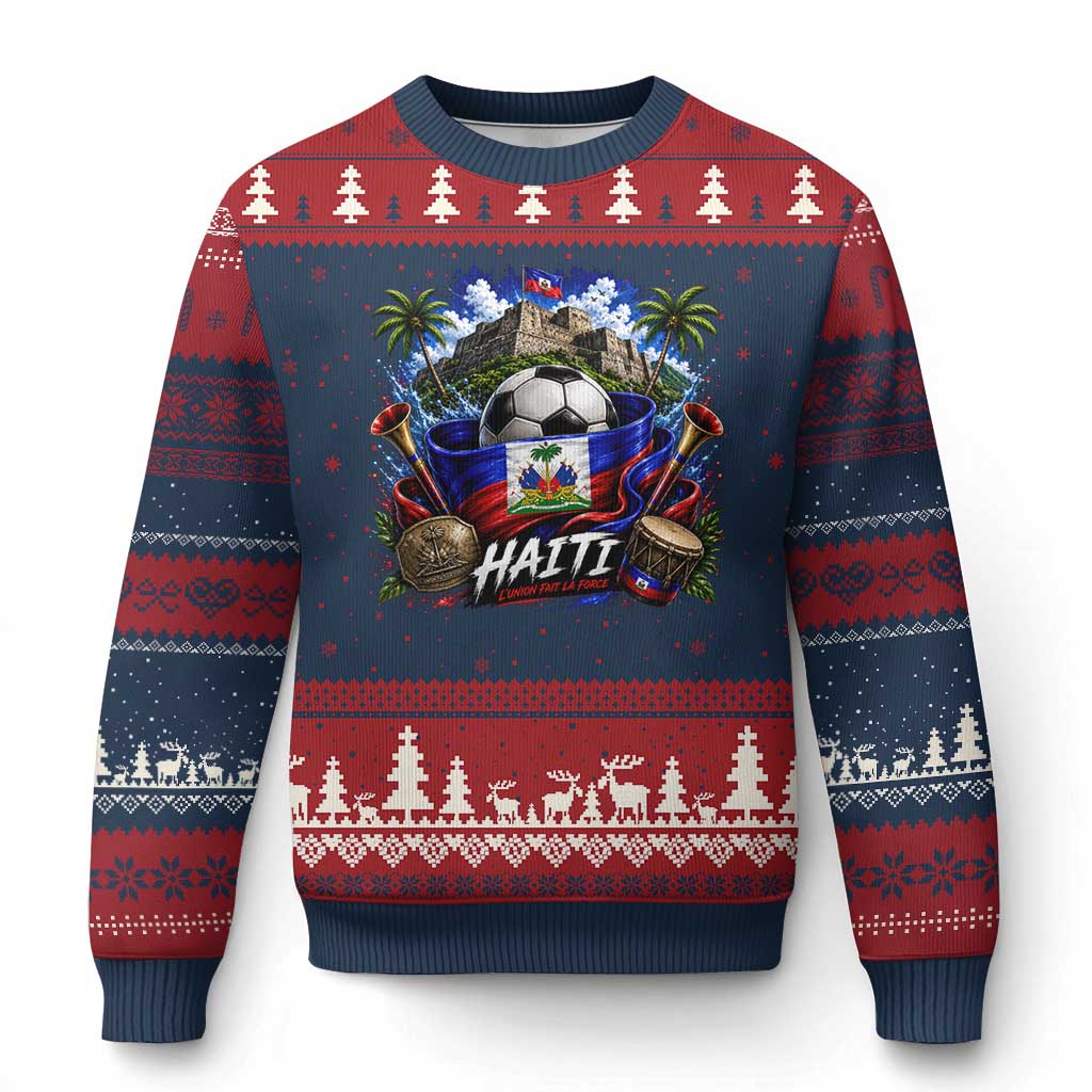 Haiti Soccer 2026 Ugly Christmas Sweater Haitian Flag Caribbean Football Fan TS10 Navy Red Print Your Wear
