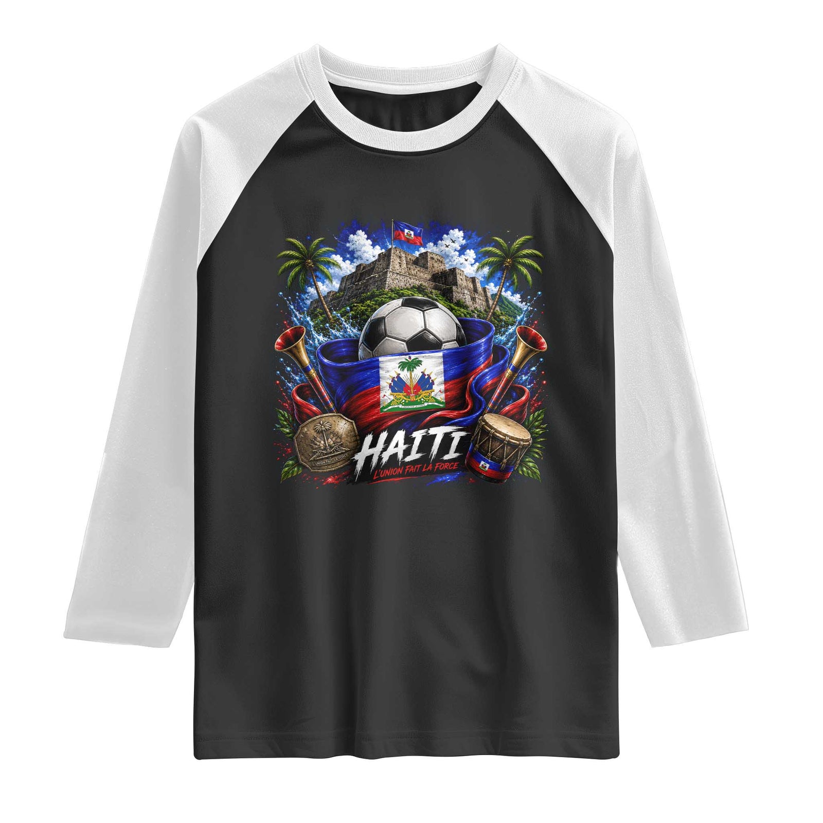 Haiti Soccer 2026 Raglan Shirt Haitian Flag Caribbean Football Fan TS10 Black White Print Your Wear