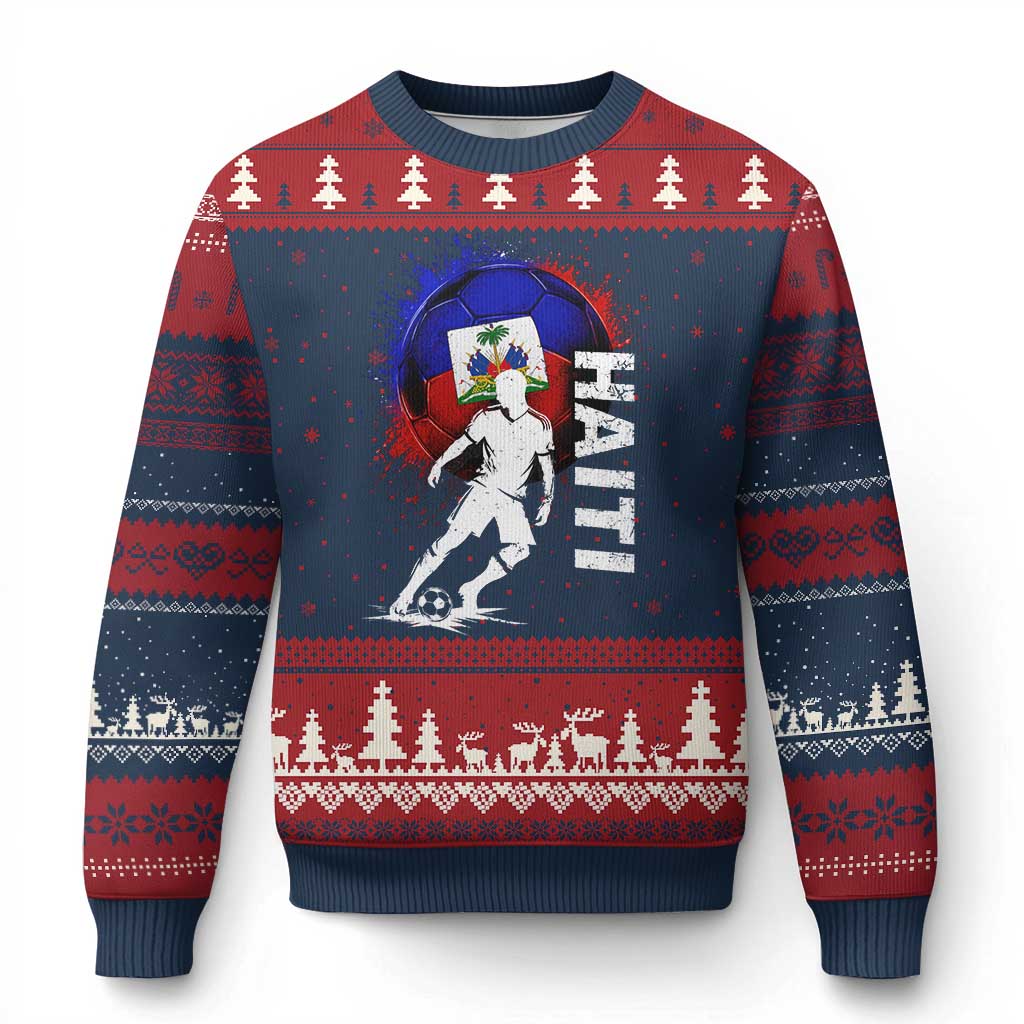 Haiti Soccer Ugly Christmas Sweater Retro Vintage Watercolors Sport Haitian Flag Football Fan TS10 Navy Red Print Your Wear