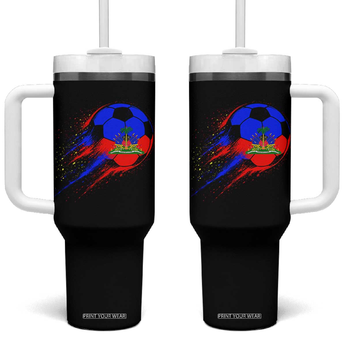 Haiti Soccer Ball Tumbler With Handle Retro Vintage Watercolors Sport Haitian Flag Ayiti Pride TS10 One Size: 40 oz Black Print Your Wear
