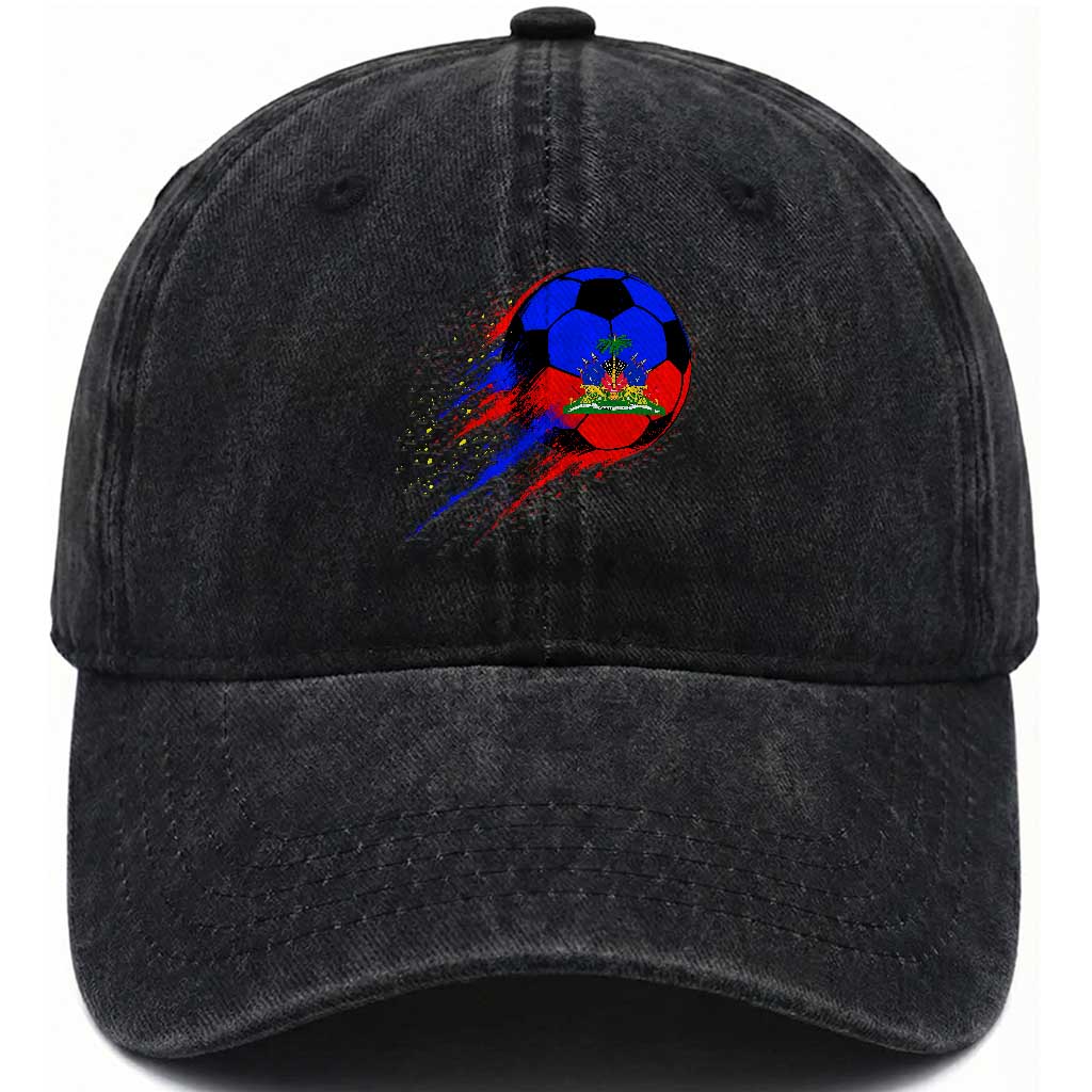 Haiti Soccer Ball Washed Cotton Baseball Cap Retro Vintage Watercolors Sport Haitian Flag Ayiti Pride TS10 Print Your Wear