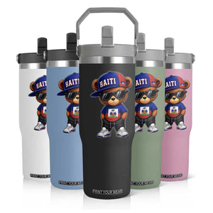 Cute Haiti Flip Straw Tumbler Hip Hop Teddy Bear Haitian Flag Ayiti Roots