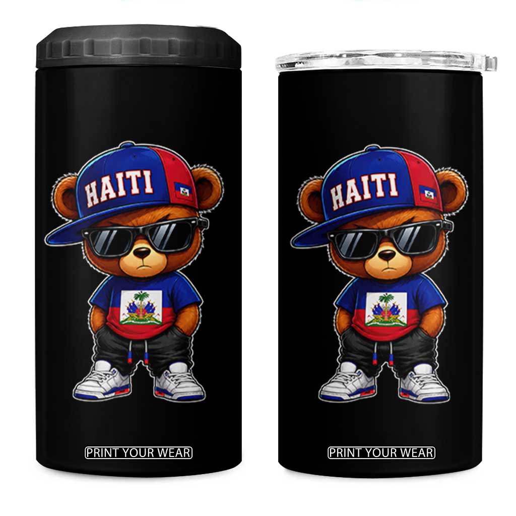 Cute Haiti 4 in 1 Can Cooler Tumbler Hip Hop Teddy Bear Haitian Flag Ayiti Roots