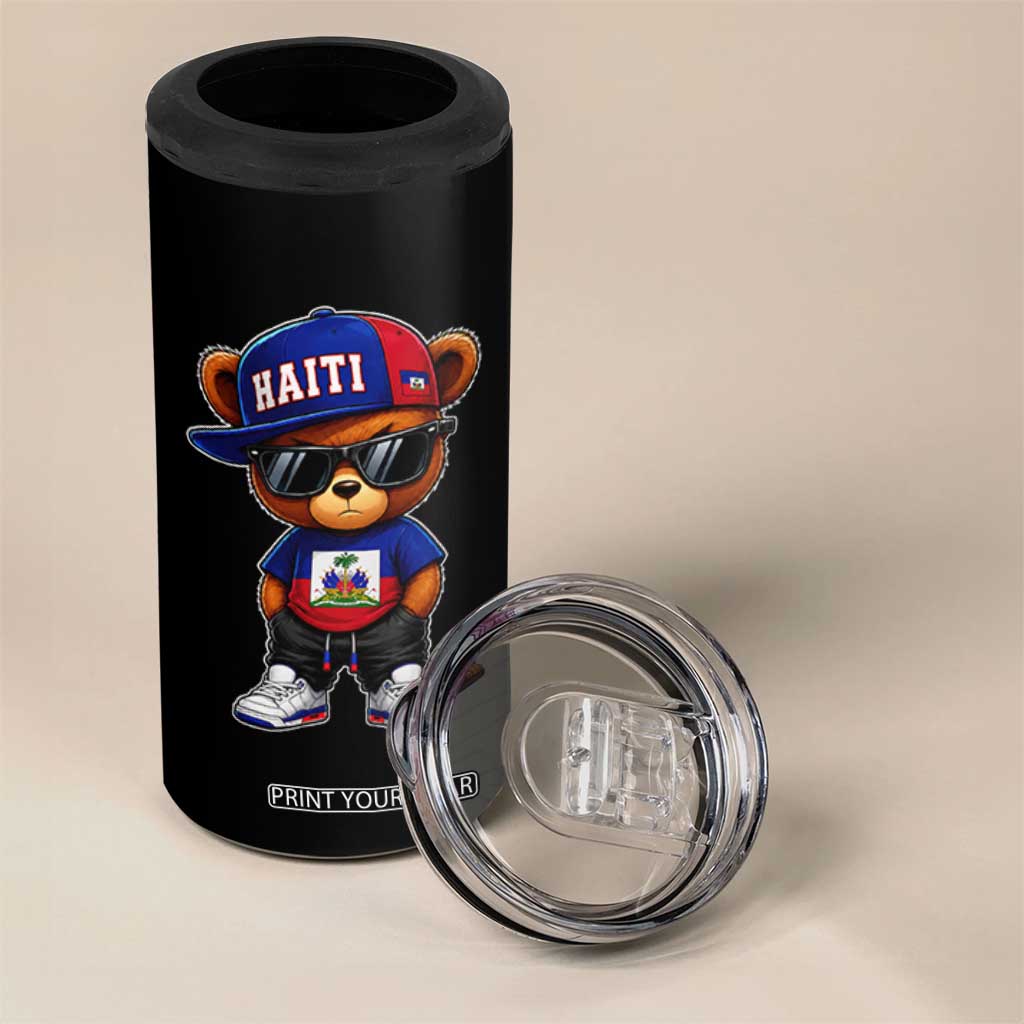 Cute Haiti 4 in 1 Can Cooler Tumbler Hip Hop Teddy Bear Haitian Flag Ayiti Roots