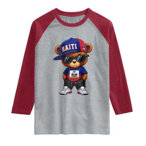 Cute Haiti Raglan Shirt Hip Hop Teddy Bear Haitian Flag Ayiti Roots