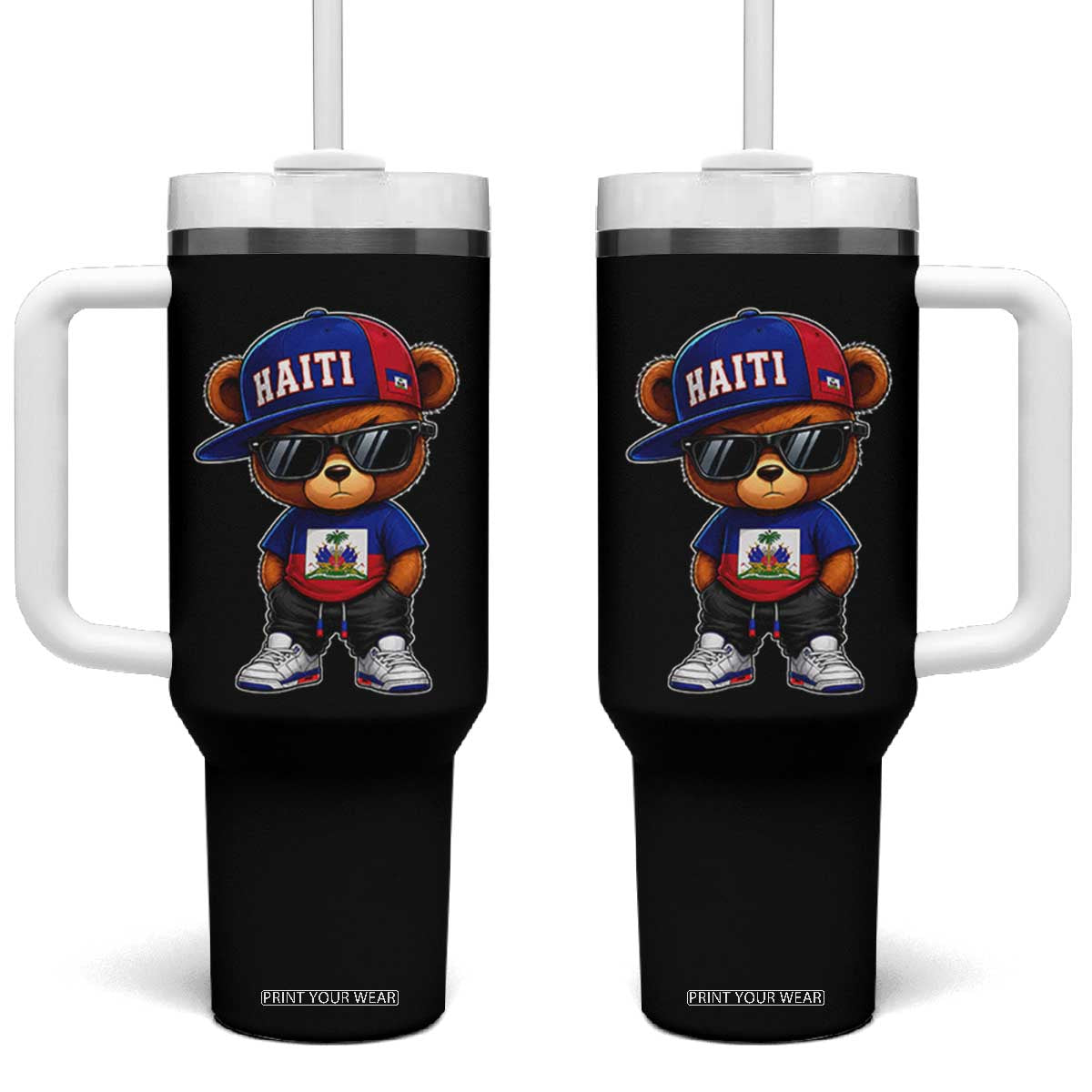 Cute Haiti Tumbler With Handle Hip Hop Teddy Bear Haitian Flag Ayiti Roots
