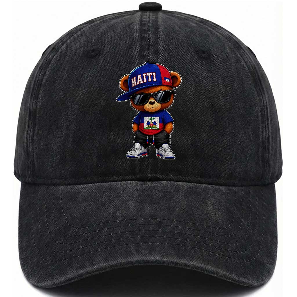 Cute Haiti Washed Cotton Baseball Cap Hip Hop Teddy Bear Haitian Flag Ayiti Roots
