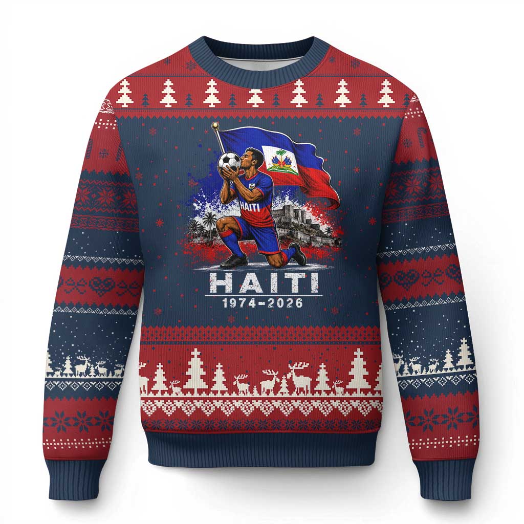 Haiti Soccer 2026 Ugly Christmas Sweater Retro Vintage Watercolors Sport Haitian Flag Ayiti Lover Football Fan TS10 Navy Red Print Your Wear