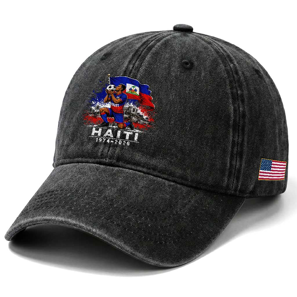 Haiti Soccer 2026 Washed Cotton Baseball Cap Retro Vintage Watercolors Sport Haitian Flag Ayiti Lover Football Fan TS10 Print Your Wear