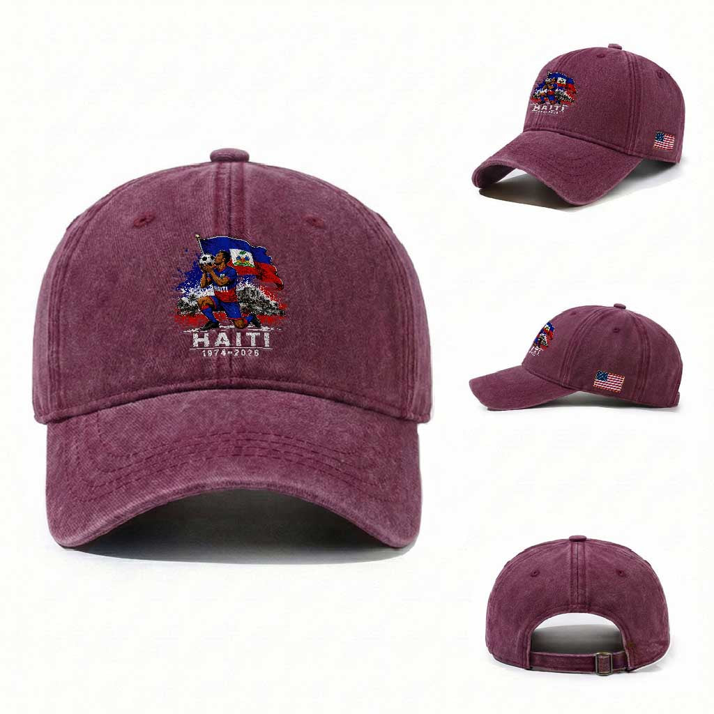 Haiti Soccer 2026 Washed Cotton Baseball Cap Retro Vintage Watercolors Sport Haitian Flag Ayiti Lover Football Fan TS10 Washed Cap Universal Fit Burgundy Print Your Wear