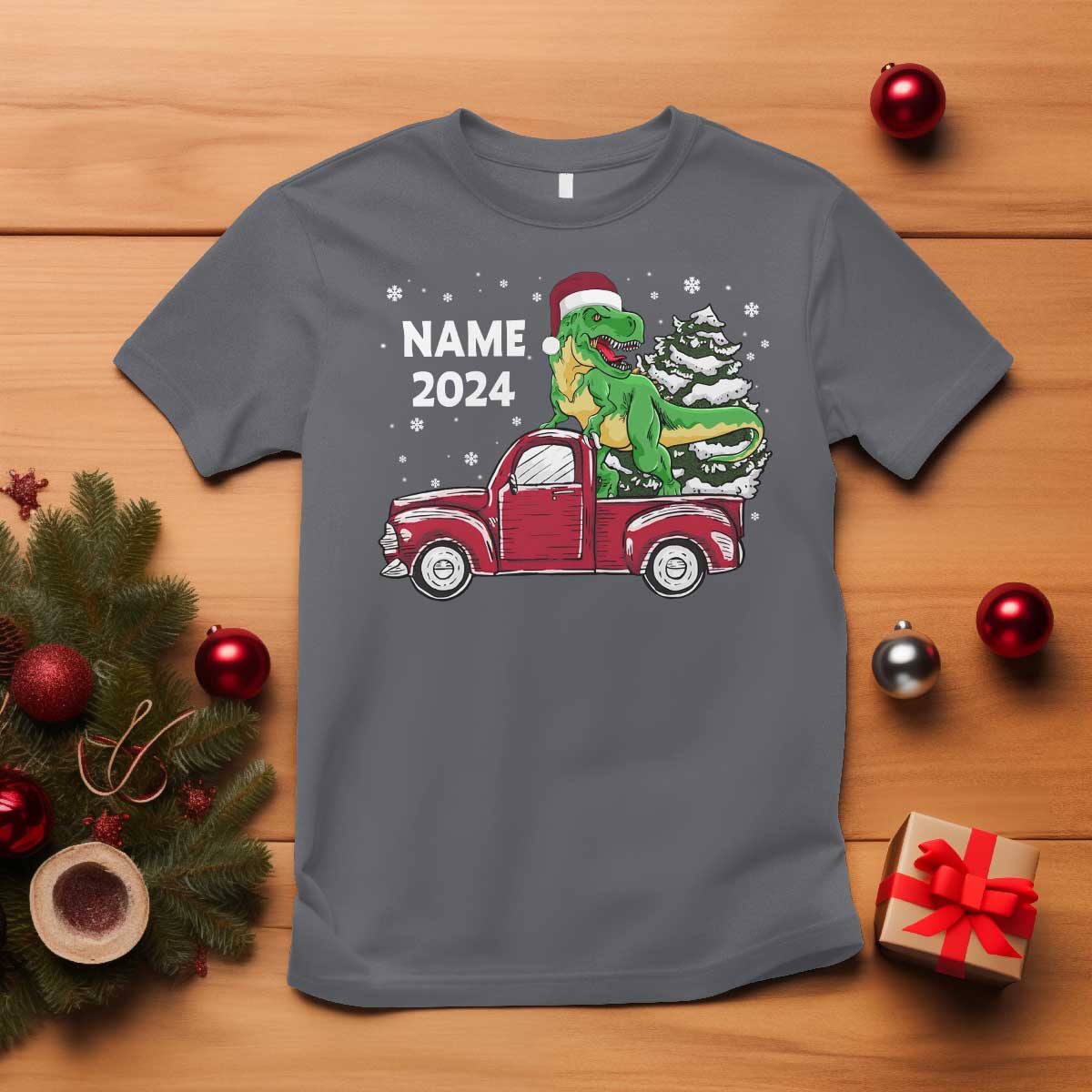 Personalized Dinosaur Christmas T Shirt Custom Name Merry Rexmas Xmas Pet Dino Trex Red Truck Family TS10 Charcoal Print Your Wear