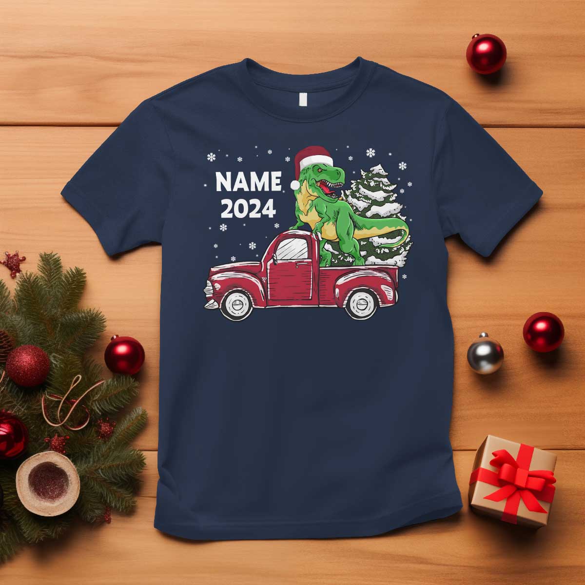 Personalized Dinosaur Christmas T Shirt Custom Name Merry Rexmas Xmas Pet Dino Trex Red Truck Family TS10 Navy Print Your Wear
