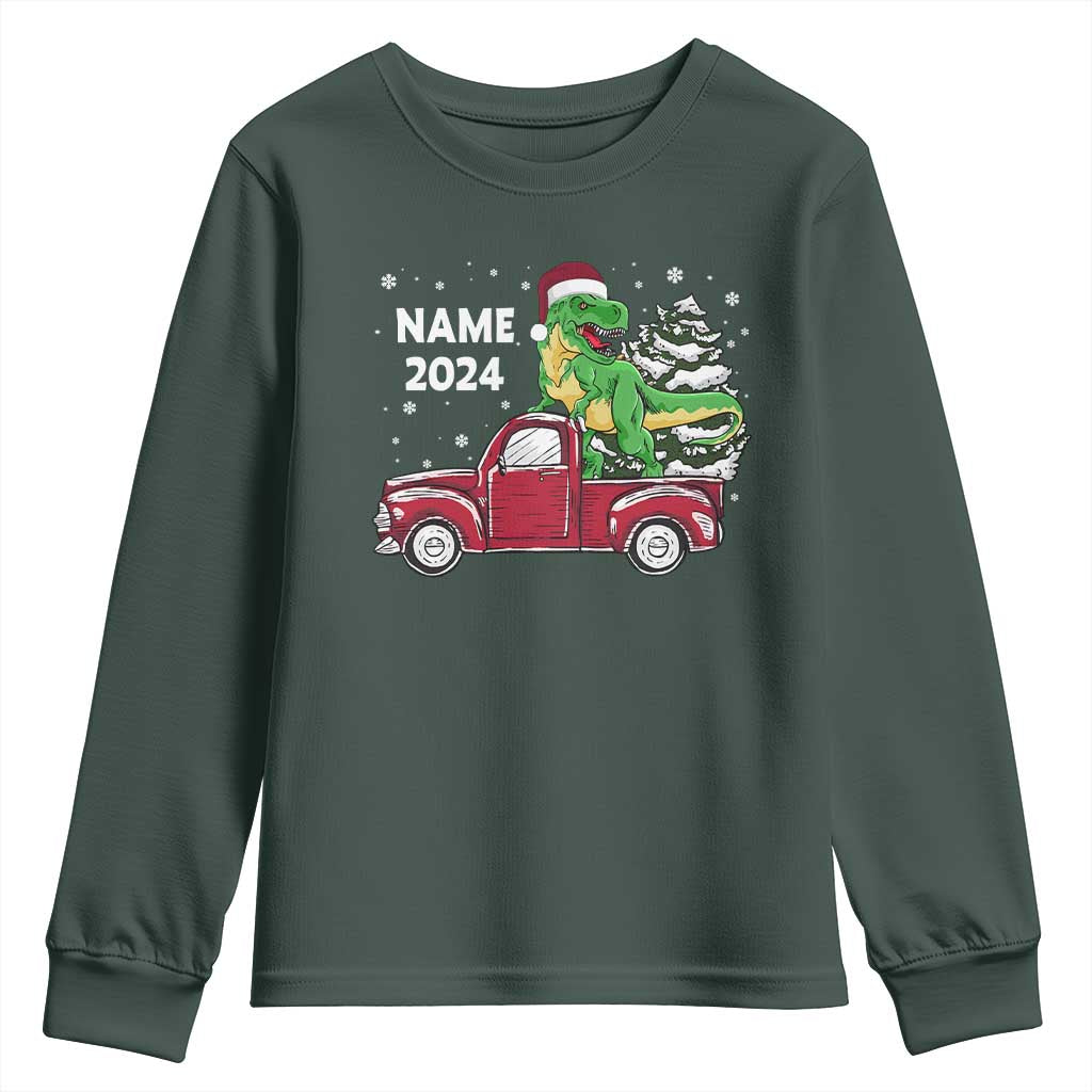 Personalized Dinosaur Christmas Youth Sweatshirt Custom Name Merry Rexmas Xmas Pet Dino Trex Red Truck Family TS10 Dark Forest Green Print Your Wear