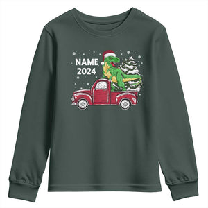 Personalized Dinosaur Christmas Youth Sweatshirt Custom Name Merry Rexmas Xmas Pet Dino Trex Red Truck Family TS10 Dark Forest Green Print Your Wear