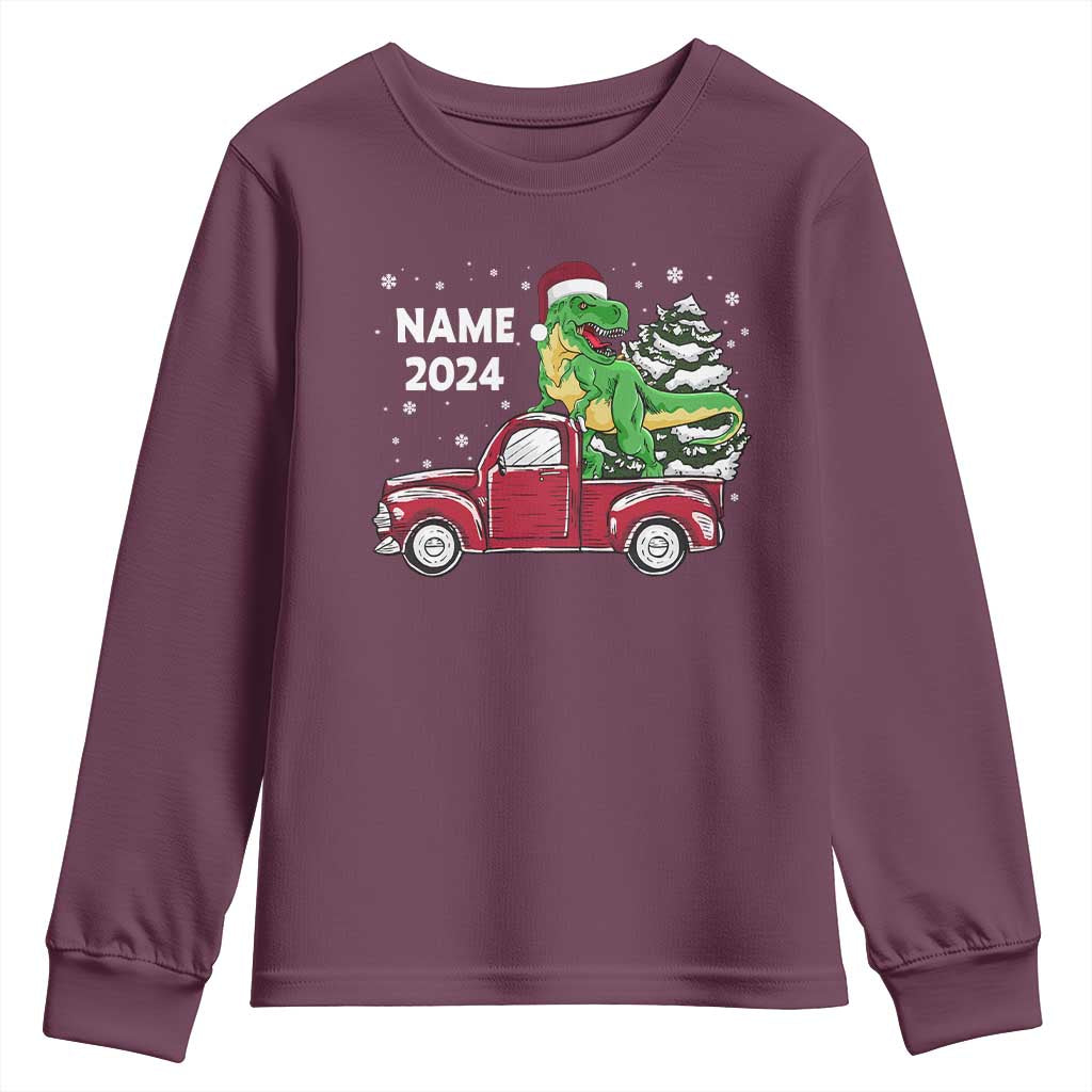 Personalized Dinosaur Christmas Youth Sweatshirt Custom Name Merry Rexmas Xmas Pet Dino Trex Red Truck Family TS10 Maroon Print Your Wear