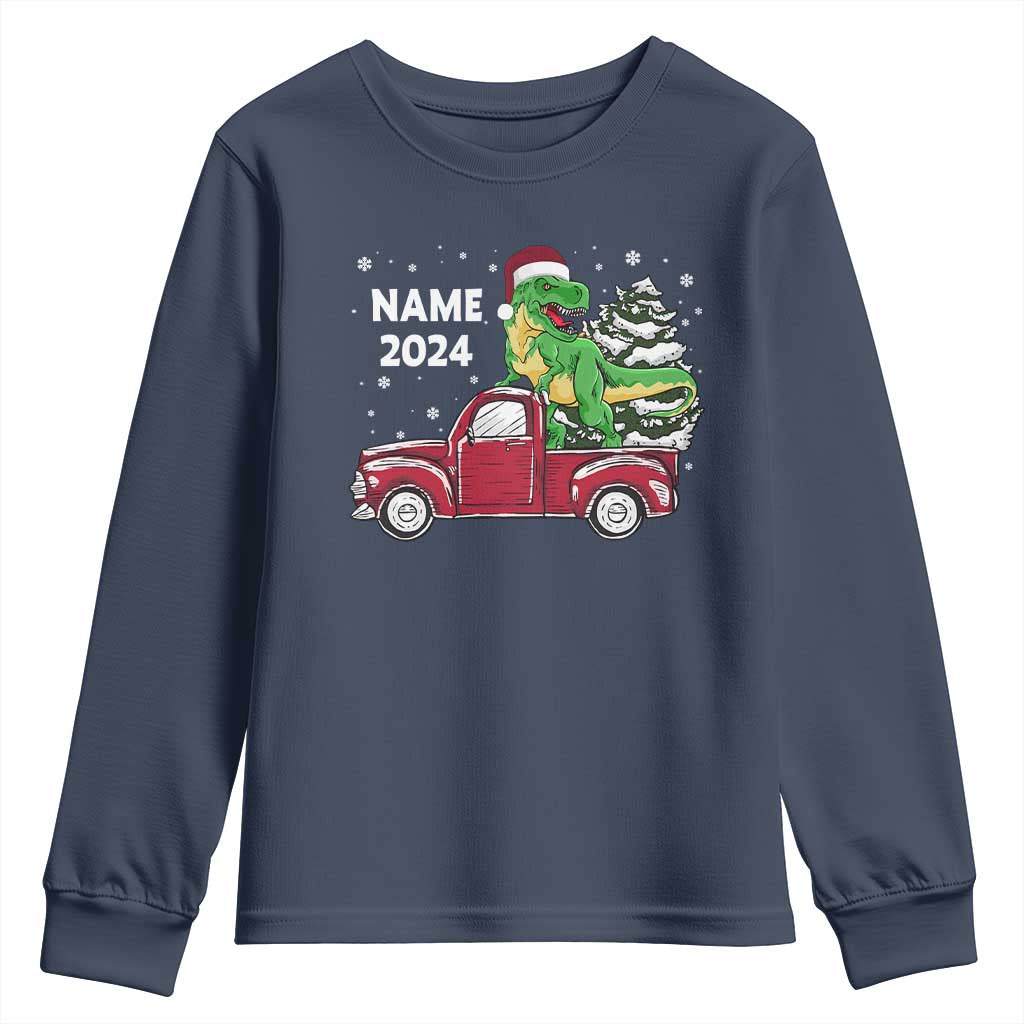 Personalized Dinosaur Christmas Youth Sweatshirt Custom Name Merry Rexmas Xmas Pet Dino Trex Red Truck Family TS10 Navy Print Your Wear