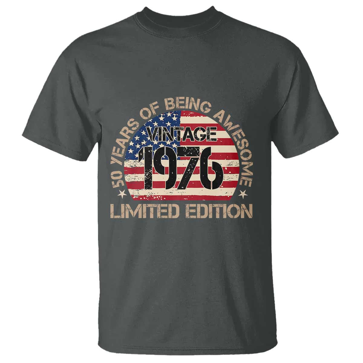 50th Birthday T Shirt - Vintage 1976 - 50 Year Old Birthday USA Flag TS10 Dark Heather Print Your Wear