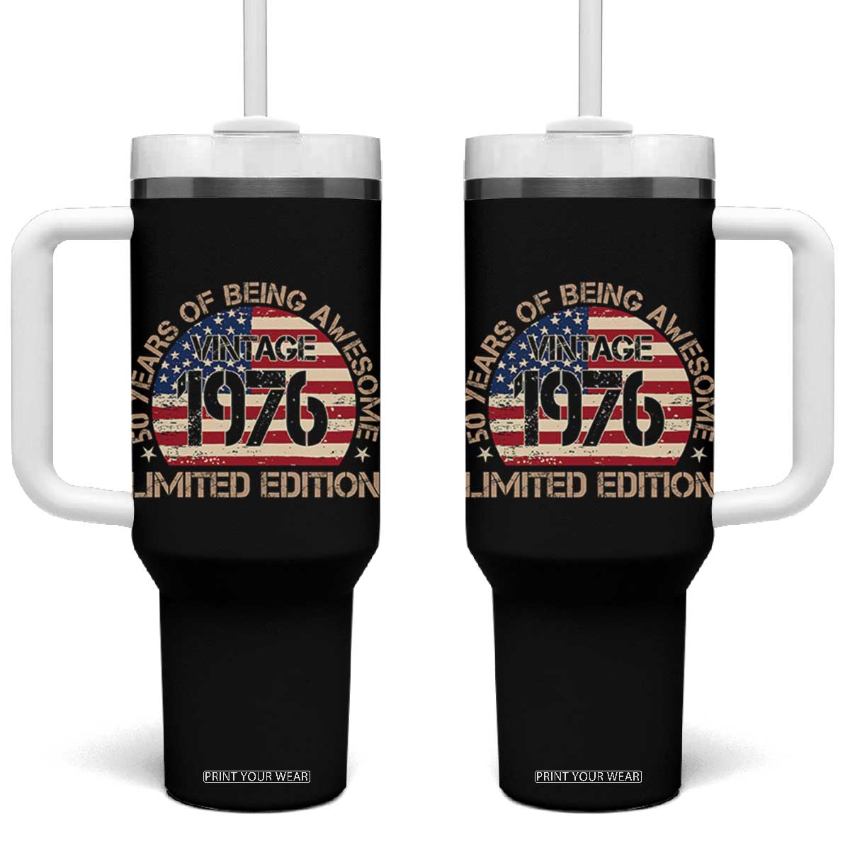50th Birthday Tumbler With Handle Vintage 1976 50 Year Old Birthday USA Flag TS10 One Size: 40 oz Black Print Your Wear