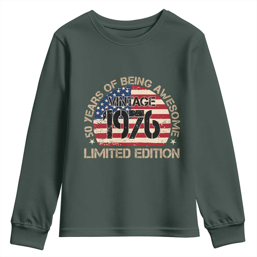 50th Birthday Youth Sweatshirt Vintage 1976 50 Year Old Birthday USA Flag TS10 Dark Forest Green Print Your Wear