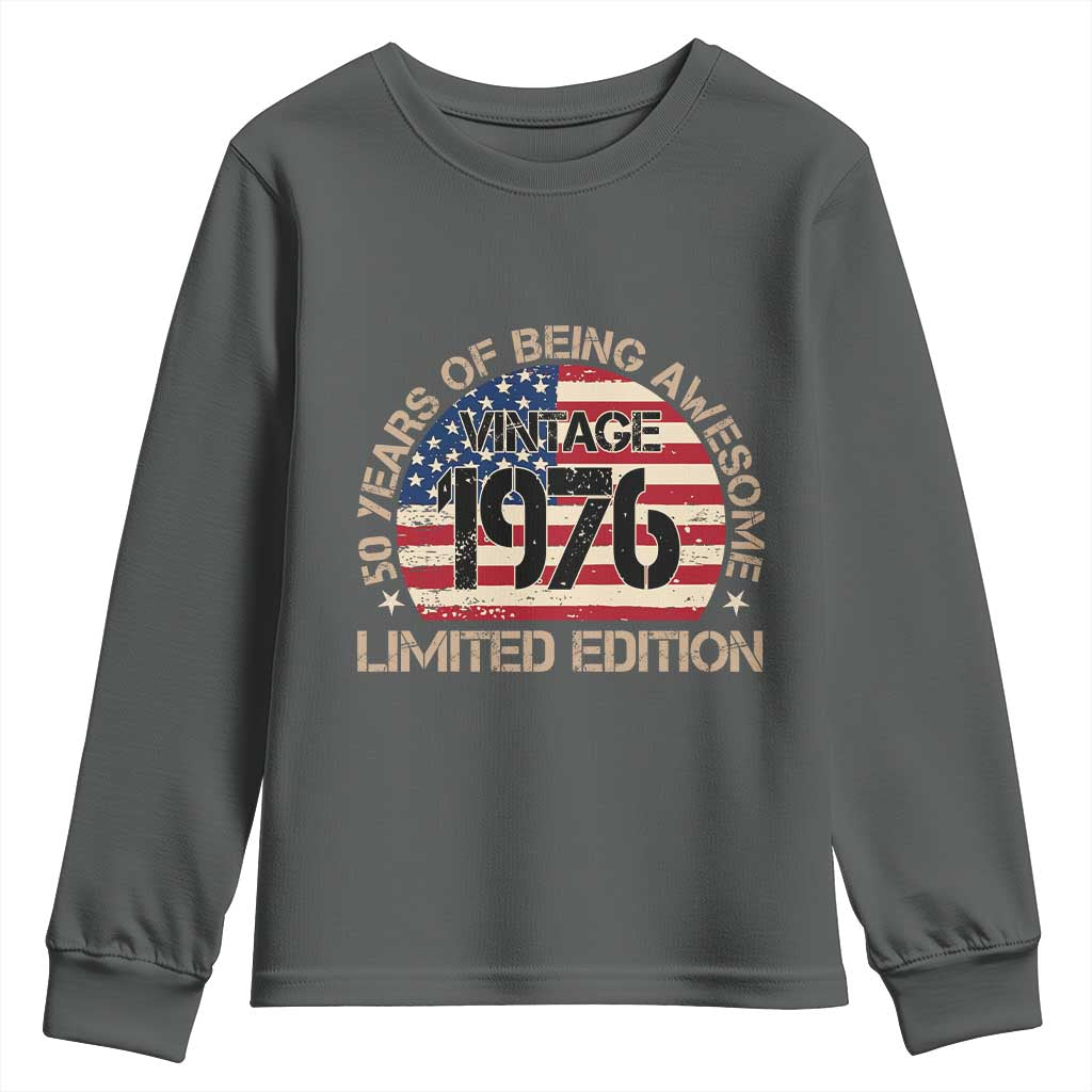 50th Birthday Youth Sweatshirt Vintage 1976 50 Year Old Birthday USA Flag TS10 Dark Heather Print Your Wear