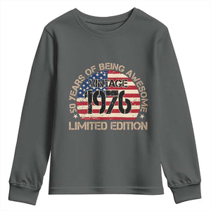 50th Birthday Youth Sweatshirt Vintage 1976 50 Year Old Birthday USA Flag TS10 Dark Heather Print Your Wear
