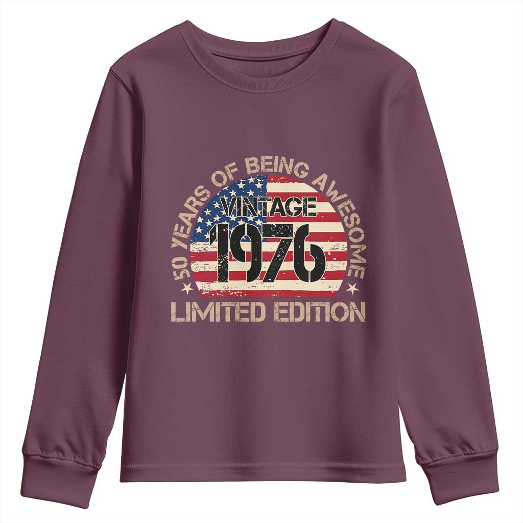 50th Birthday Youth Sweatshirt Vintage 1976 50 Year Old Birthday USA Flag TS10 Maroon Print Your Wear