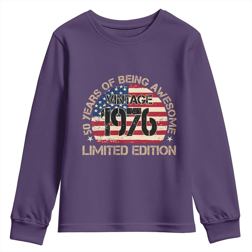50th Birthday Youth Sweatshirt Vintage 1976 50 Year Old Birthday USA Flag TS10 Purple Print Your Wear