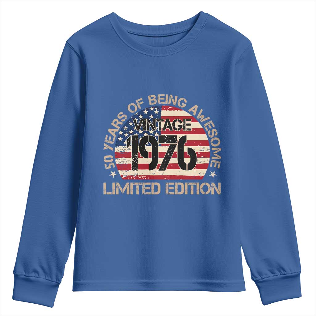 50th Birthday Youth Sweatshirt Vintage 1976 50 Year Old Birthday USA Flag TS10 Royal Blue Print Your Wear