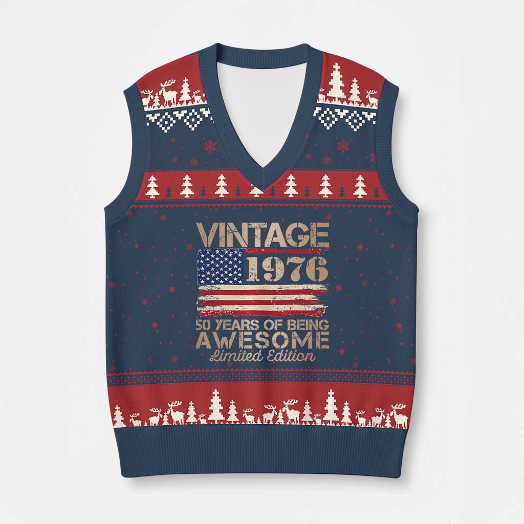 Vintage 1976 Birthday V-Neck Knit Sweater Vest 50 Years Of Being Awesome USA Flag TS10 Navy Red Print Your Wear
