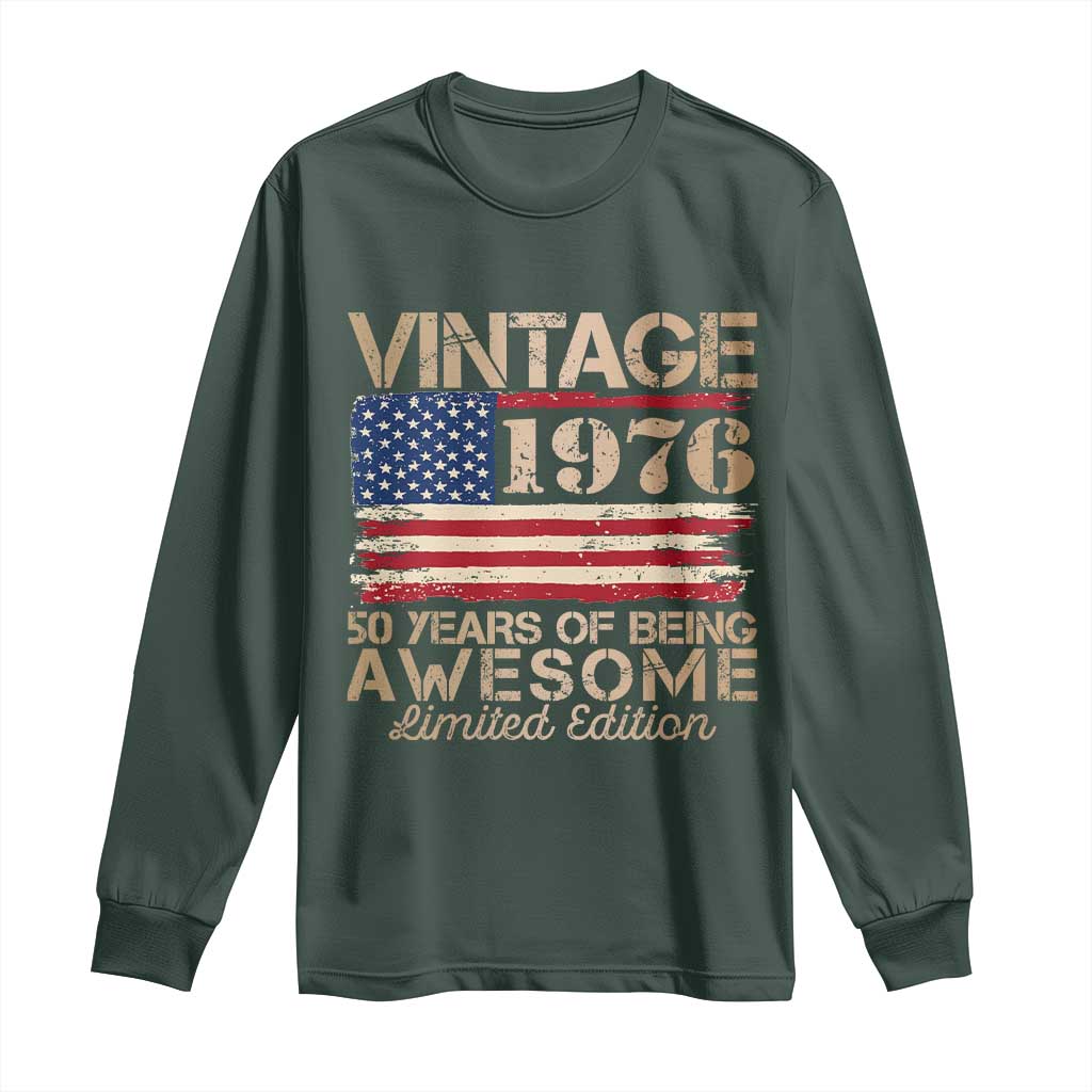 Vintage 1976 Birthday Long Sleeve Shirt 50 Years Of Being Awesome USA Flag TS10 Dark Forest Green Print Your Wear