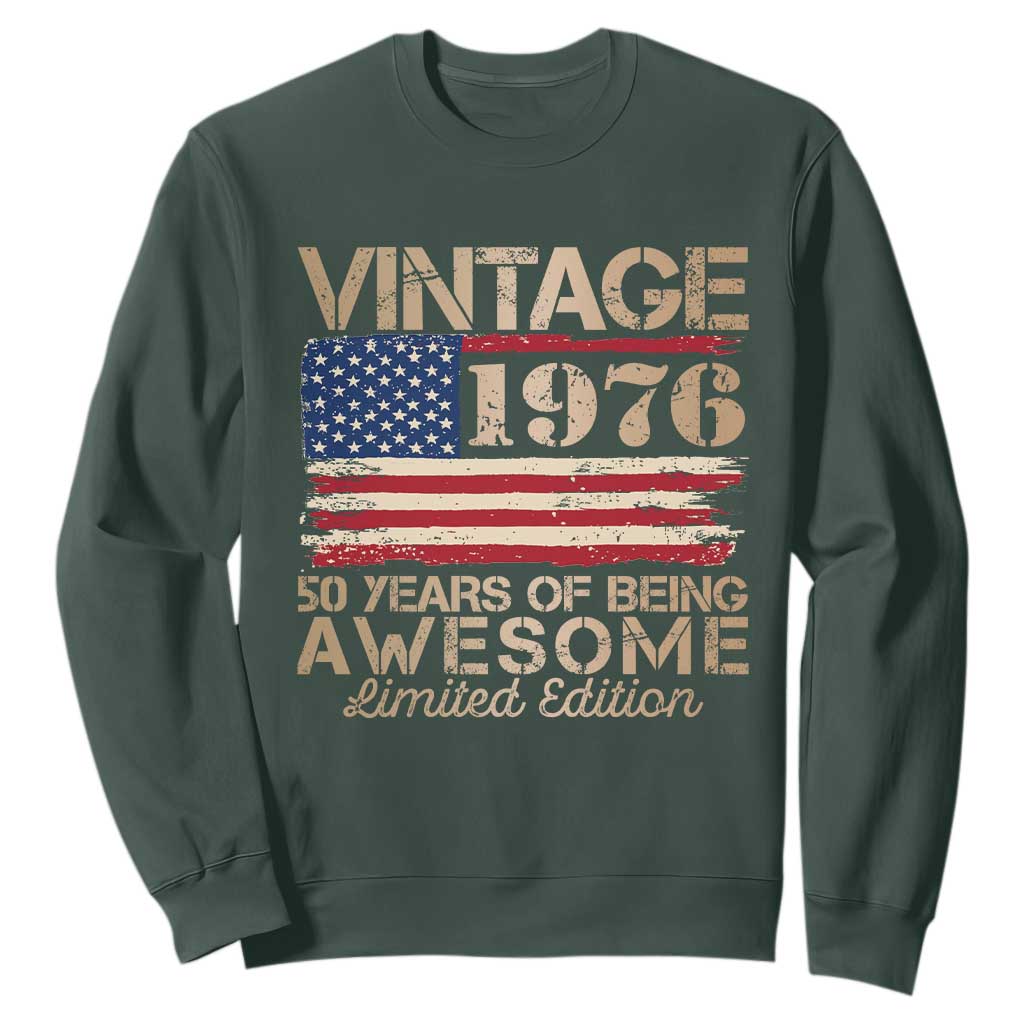 Vintage 1976 Birthday Sweatshirt 50 Years Of Being Awesome USA Flag TS10 Dark Forest Green Print Your Wear