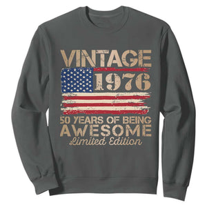 Vintage 1976 Birthday Sweatshirt 50 Years Of Being Awesome USA Flag TS10 Dark Heather Print Your Wear