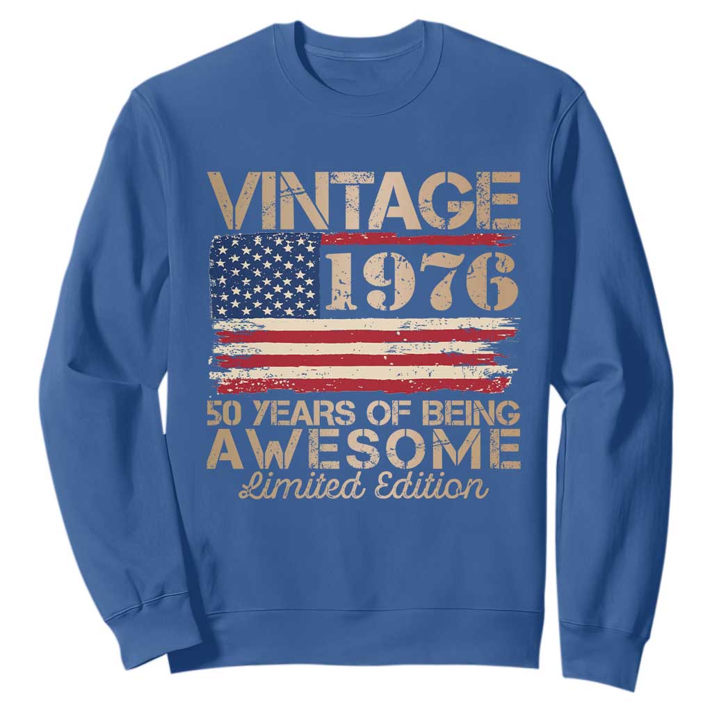 Vintage 1976 Birthday Sweatshirt 50 Years Of Being Awesome USA Flag TS10 Royal Blue Print Your Wear