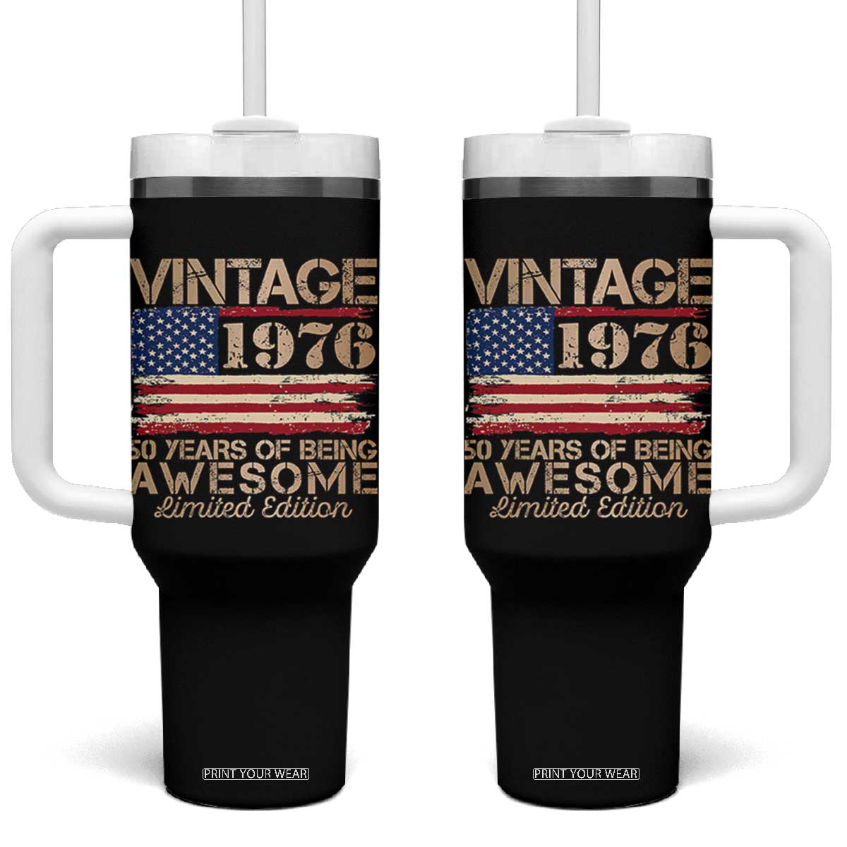 Vintage 1976 Birthday Tumbler With Handle 50 Years Of Being Awesome USA Flag TS10 One Size: 40 oz Black Print Your Wear