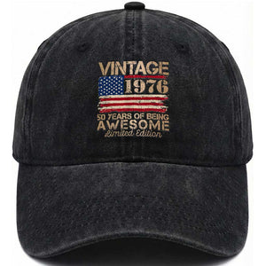 Vintage 1976 Birthday Washed Cotton Baseball Cap 50 Years Of Being Awesome USA Flag