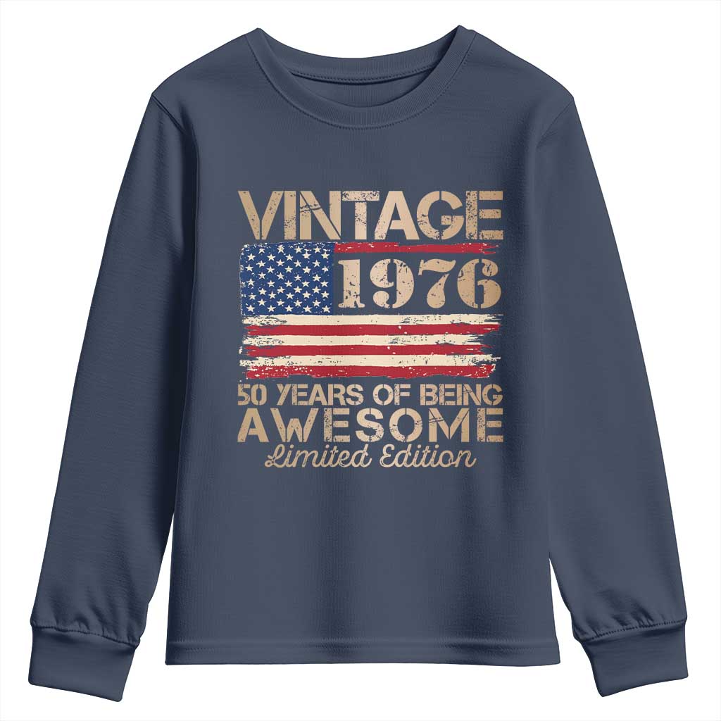 Vintage 1976 Birthday Youth Sweatshirt 50 Years Of Being Awesome USA Flag TS10 Navy Print Your Wear